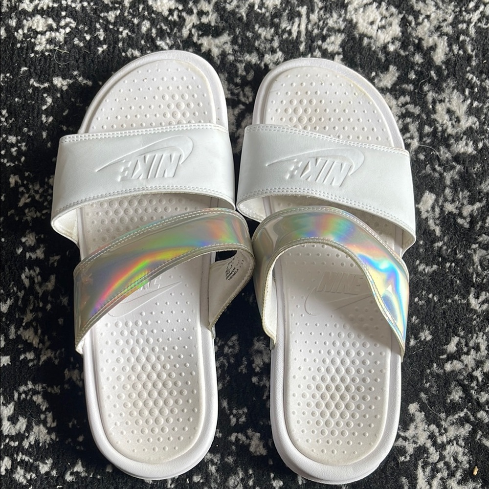 Nike White and Iridescent Slide Sandals